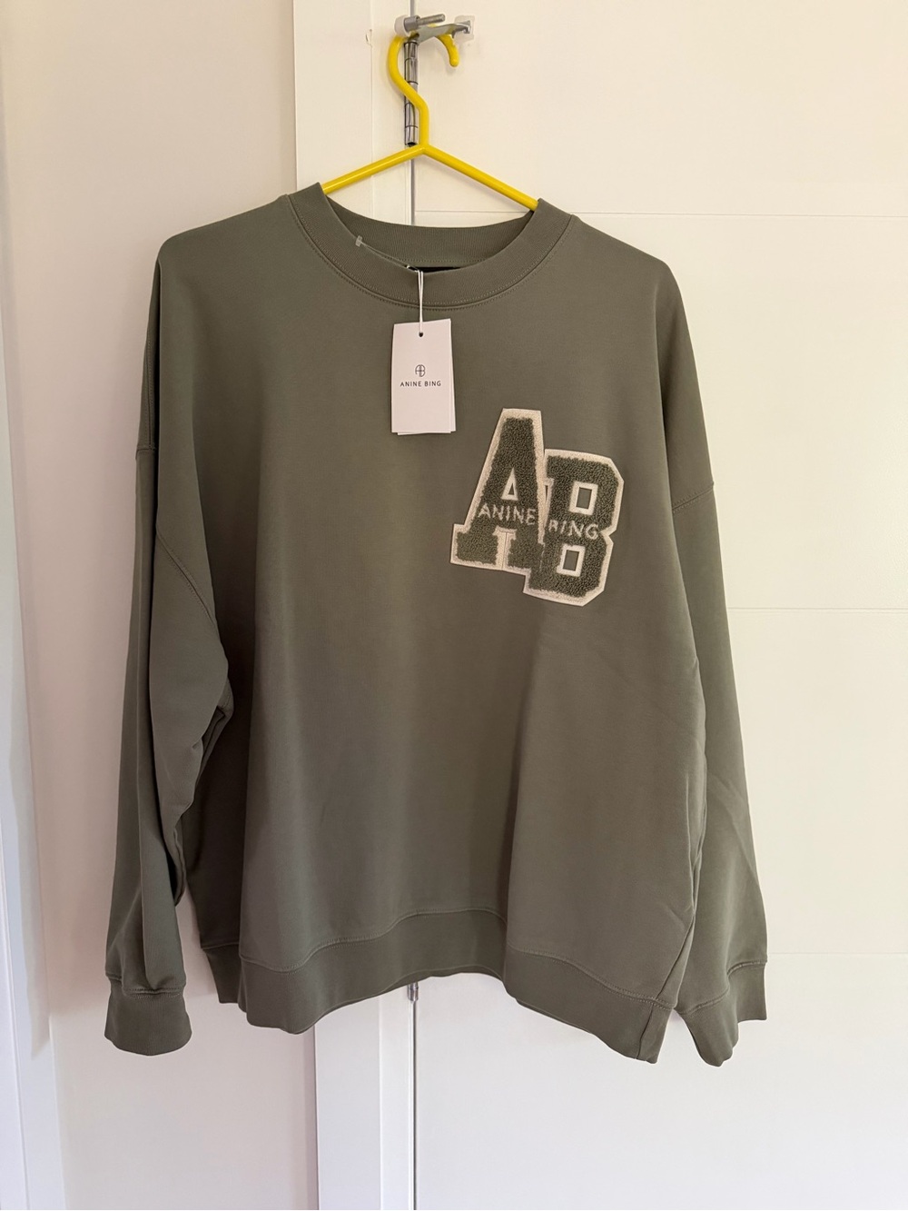 NWT Anine Bing Oversized Olive Green Logo Crewneck Sweatshirt